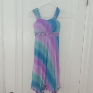 girl 10 sleeveless dress blue purple blend of flowing color, beaded accent